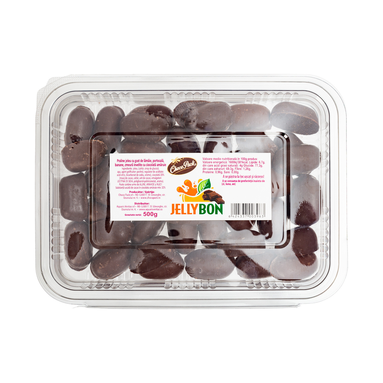 Praline jeleuri Jellybon cu gust de fructe, învelite cu ciocolată amăruie, 500 g